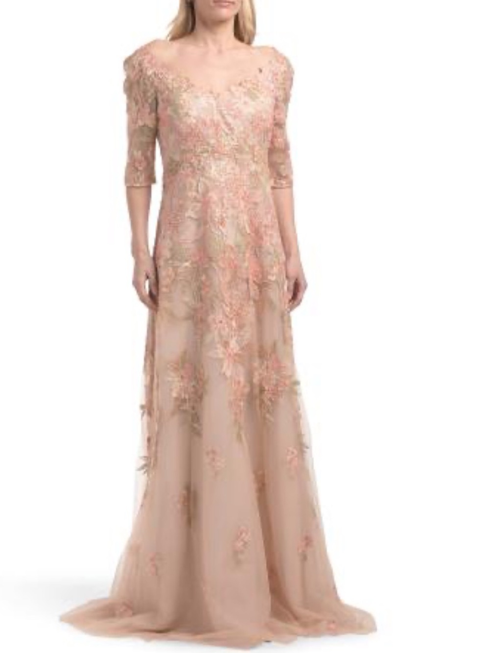 TERI JON Embroidered Sequin Elbow Sleeve Gown